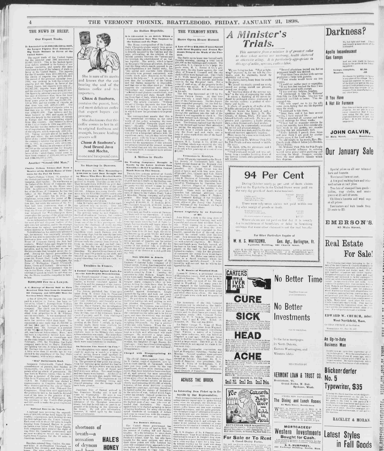 January 1898 Vermont Phoenix newspaper